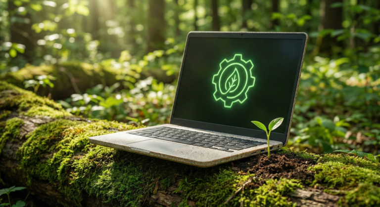 Green leaf held over circuit boards, symbolizing sustainable technology and repairable electronics.
